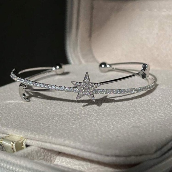 Silver & Rhinestone Star Open Cuff Bracelet - Picture 1 of 4